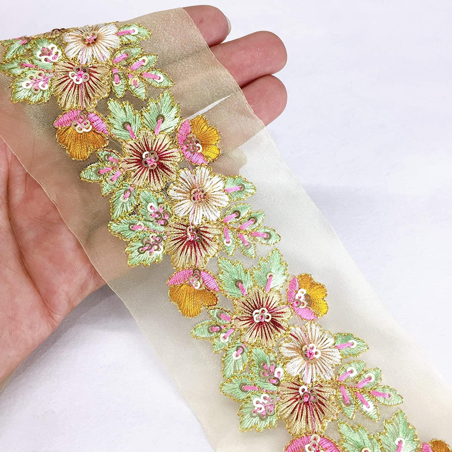 70mm Flowers Design Embroidery Work and Sequins Work, shown on white cotton