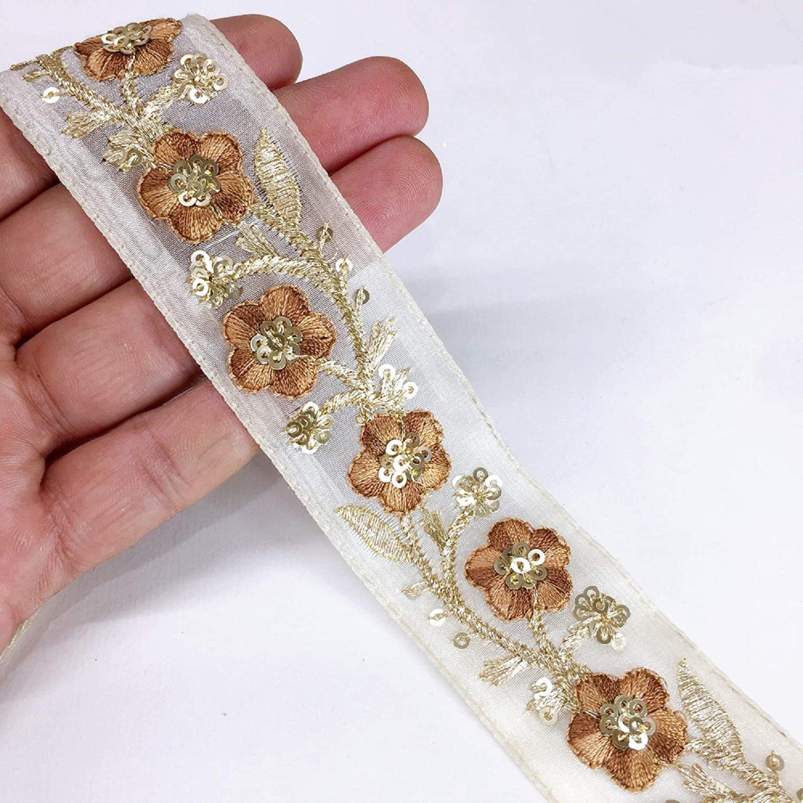 30mm Flower Design Embroidery Work and Sequins Work Ribbon, shown on white cotton