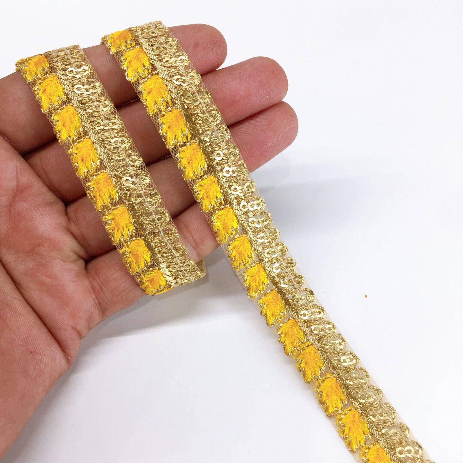 15mm Leaf Design Embroidery lace with Golden Sequins Work Border, shown on white cotton