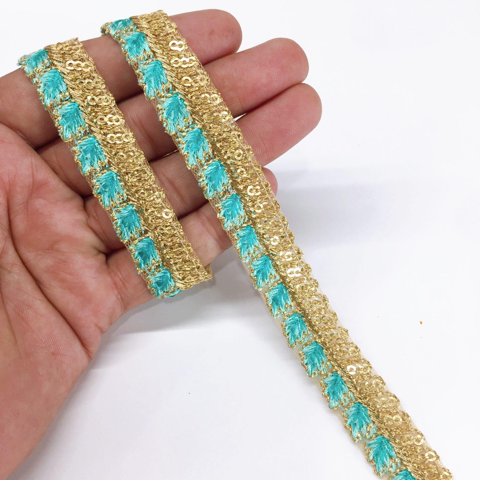 15mm Leaf Design Embroidery lace with Golden Sequins Work Border, shown on white cotton