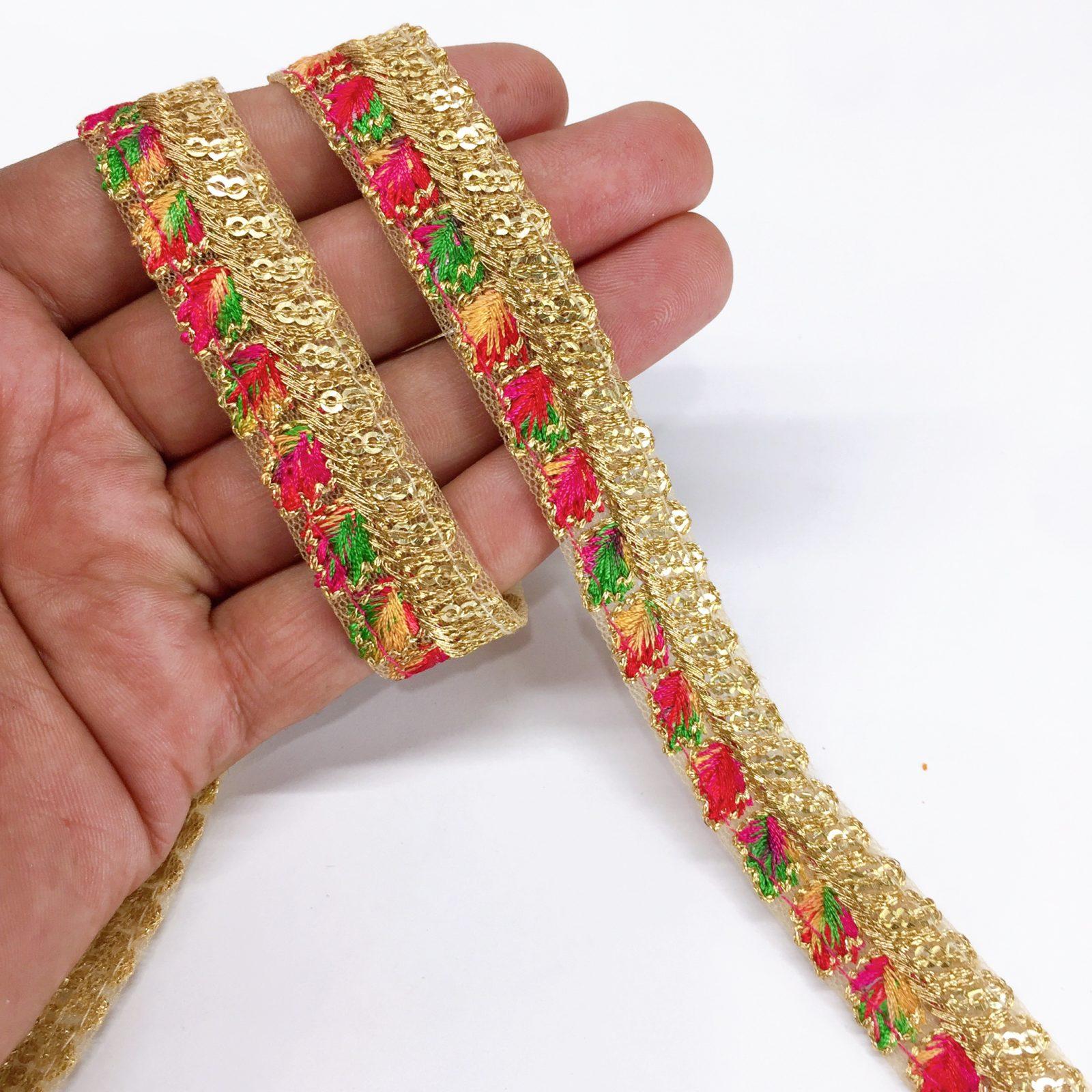 15mm Leaf Design Embroidery lace with Golden Sequins Work Border, shown on white cotton