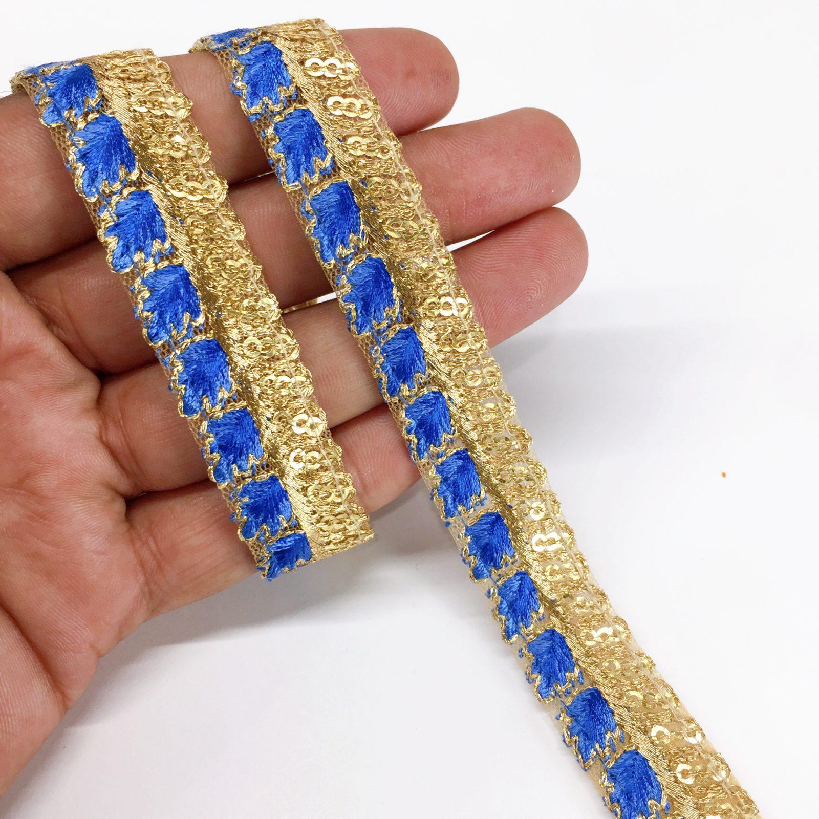 15mm Leaf Design Embroidery lace with Golden Sequins Work Border, shown on white cotton