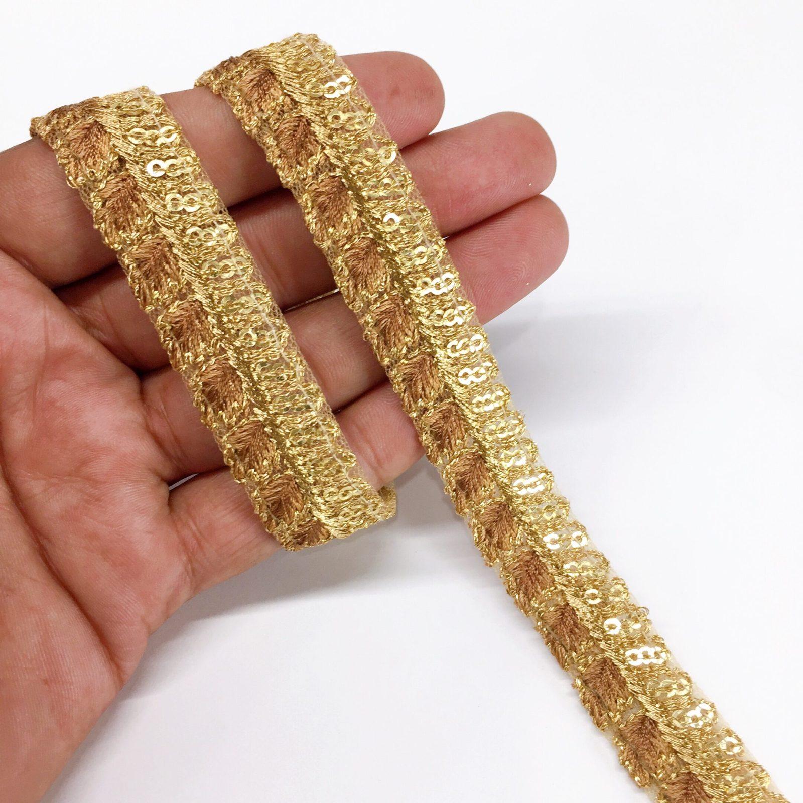 15mm Leaf Design Embroidery lace with Golden Sequins Work Border, shown on white cotton