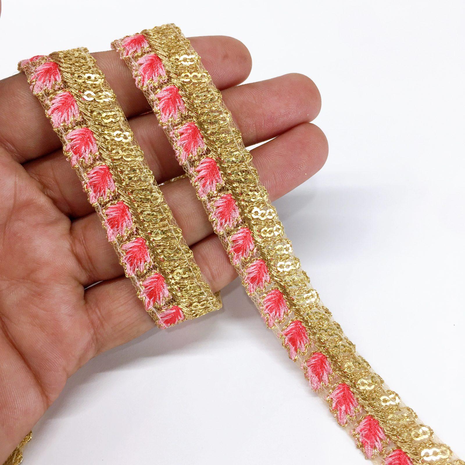15mm Leaf Design Embroidery lace with Golden Sequins Work Border, shown on white cotton