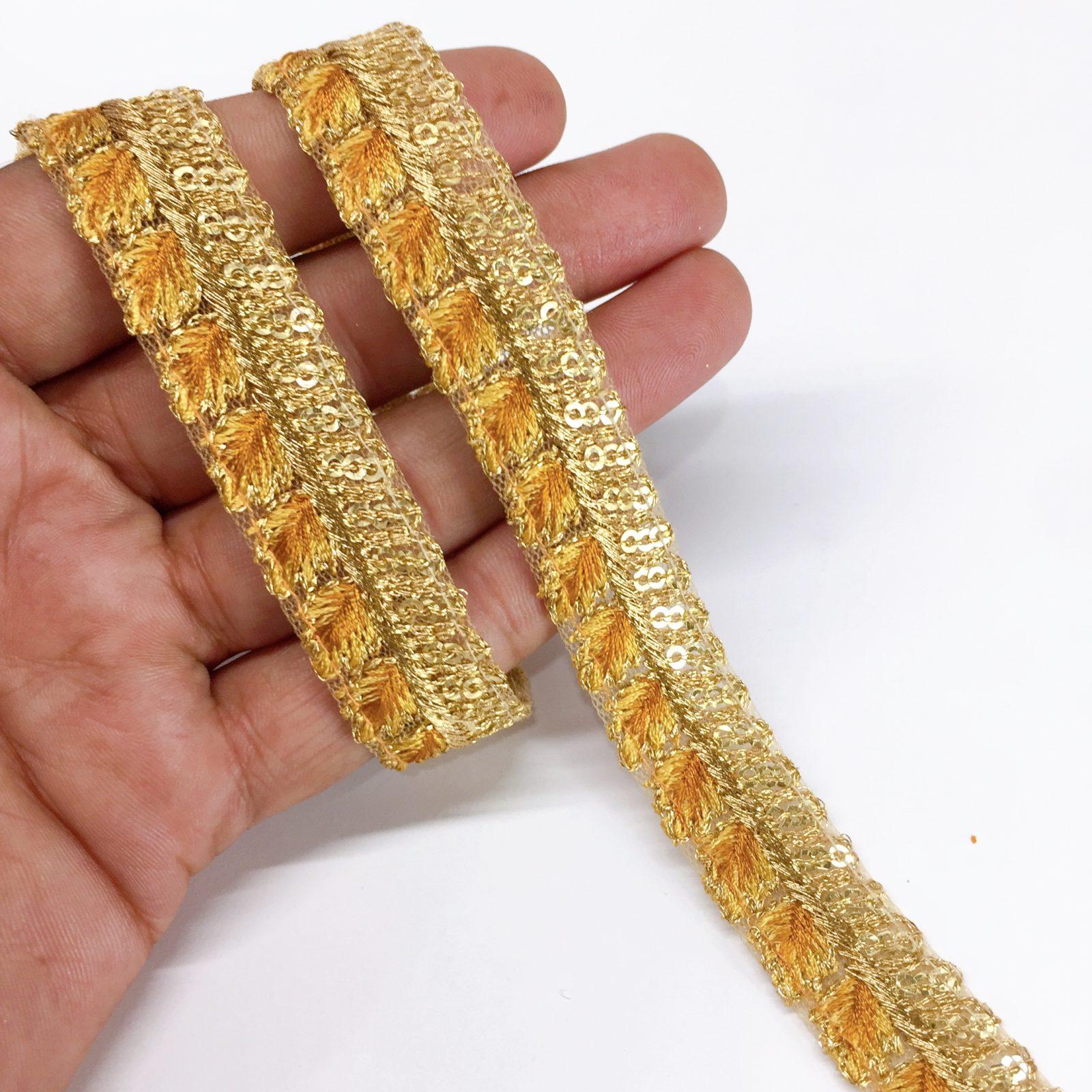 15mm Leaf Design Embroidery lace with Golden Sequins Work Border, shown on white cotton