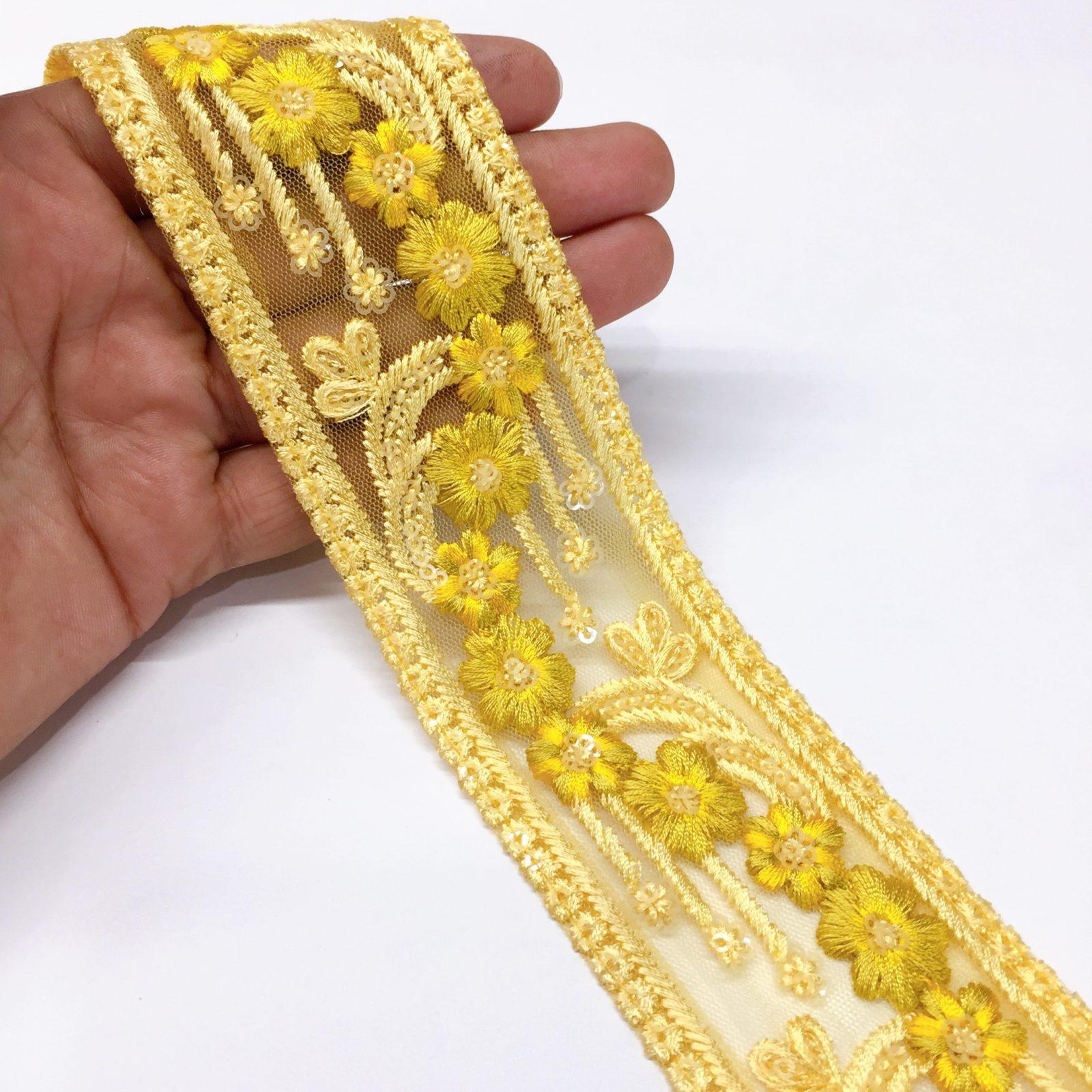 50mm Flower Design Embroidery lace with Sequins Work, shown on white cotton