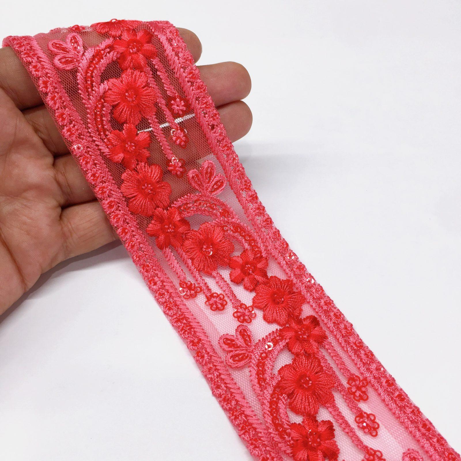 50mm Flower Design Embroidery lace with Sequins Work, shown on white cotton