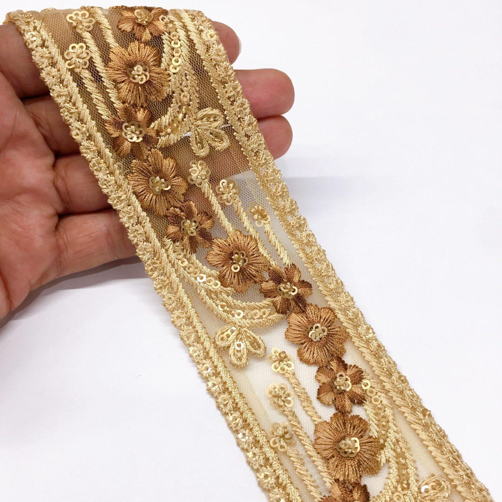 50mm Flower Design Embroidery lace with Sequins Work, shown on white cotton
