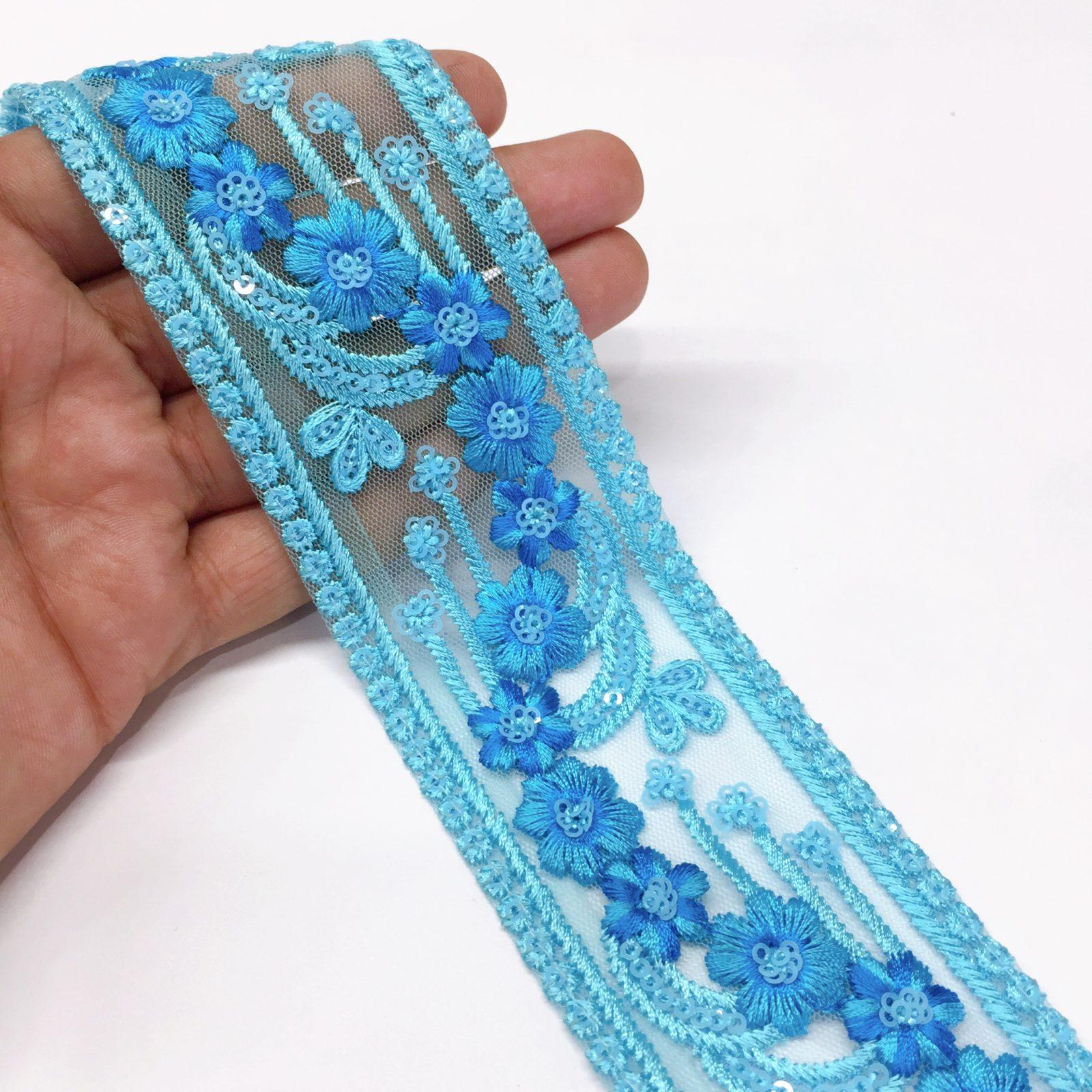50mm Flower Design Embroidery lace with Sequins Work, shown on white cotton