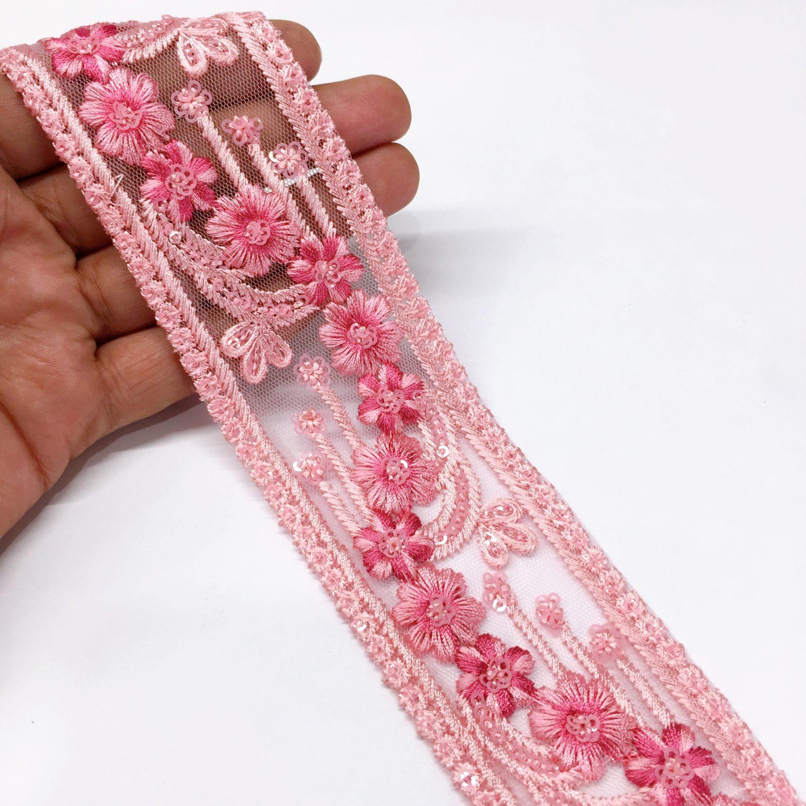 50mm Flower Design Embroidery lace with Sequins Work, shown on white cotton