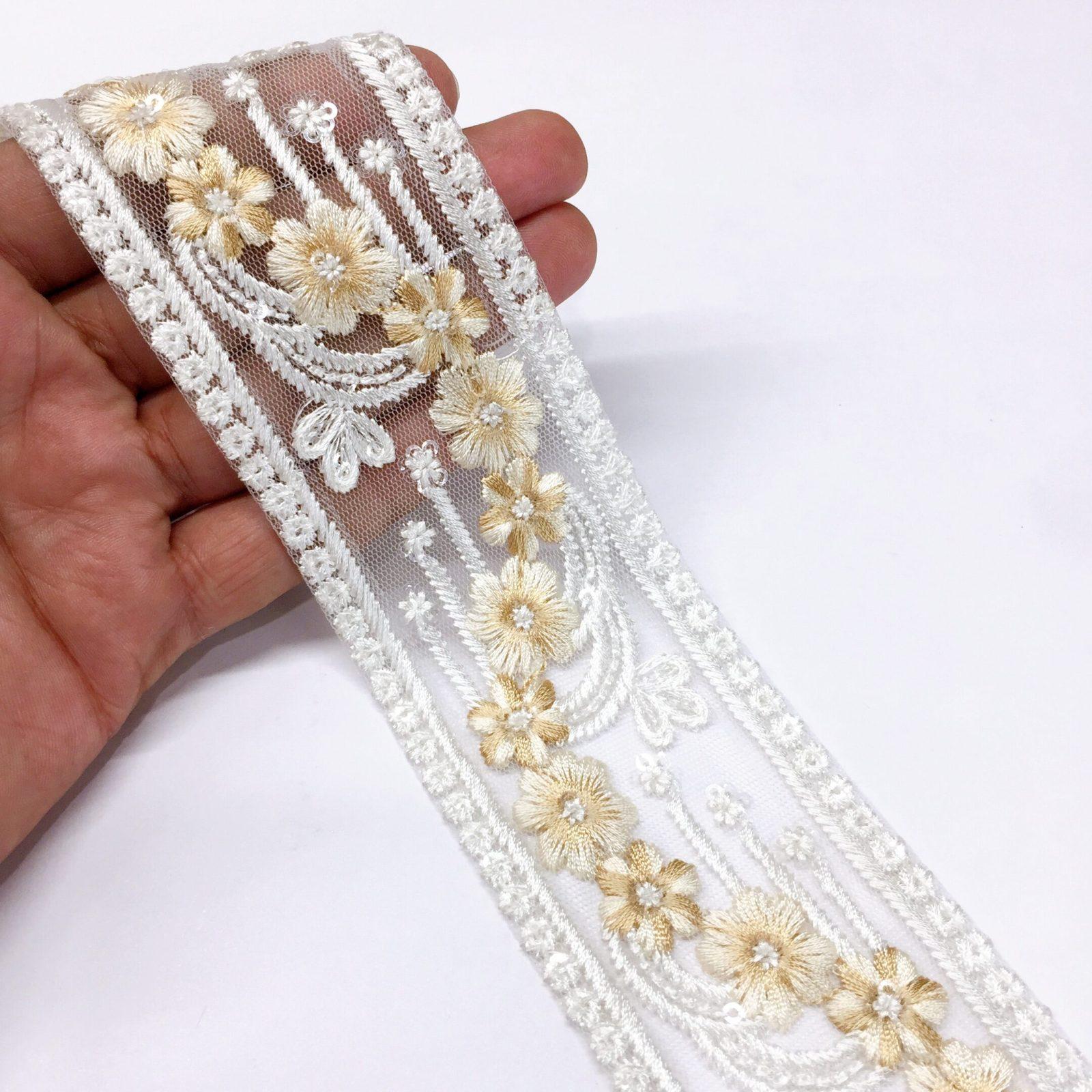 50mm Flower Design Embroidery lace with Sequins Work, shown on white cotton