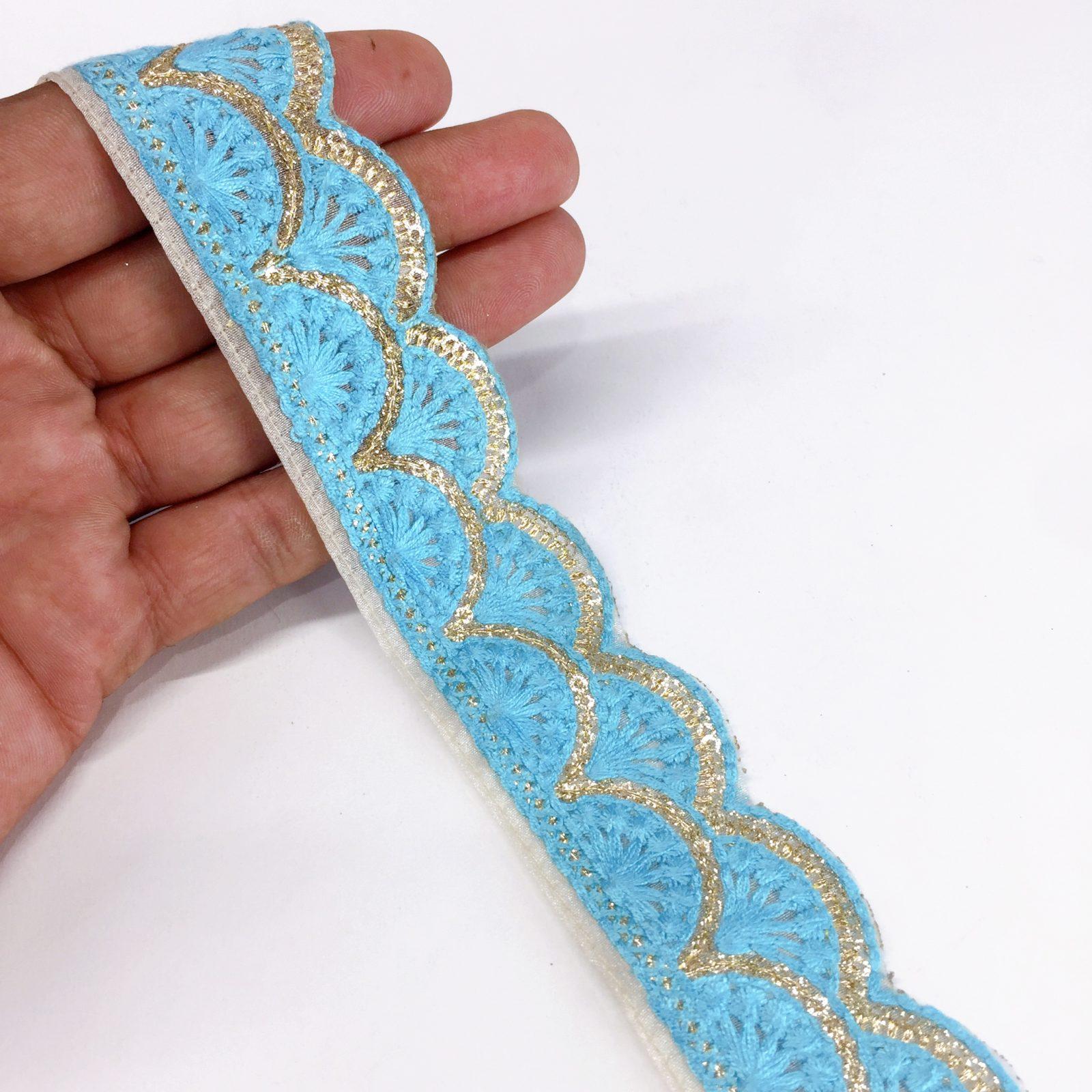 30mm Cutwork Design Embroidery Lace With Double Sequins Line Work, shown on white cotton