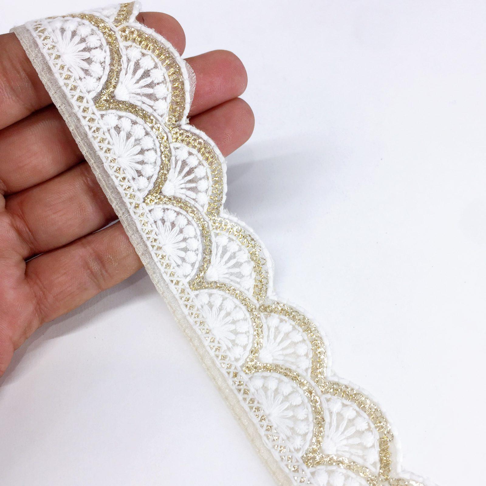 30mm Cutwork Design Embroidery Lace With Double Sequins Line Work, shown on white cotton
