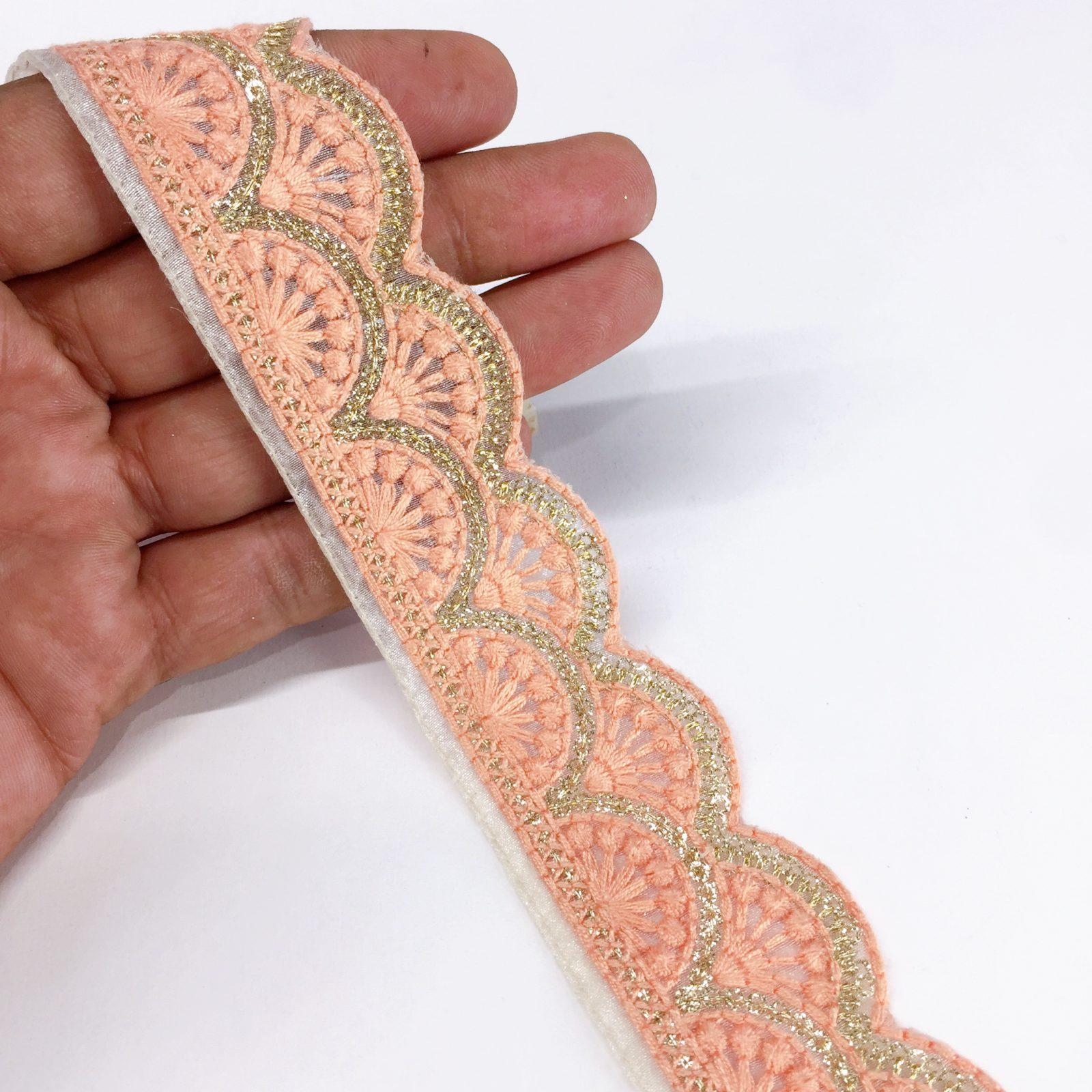30mm Cutwork Design Embroidery Lace With Double Sequins Line Work, shown on white cotton