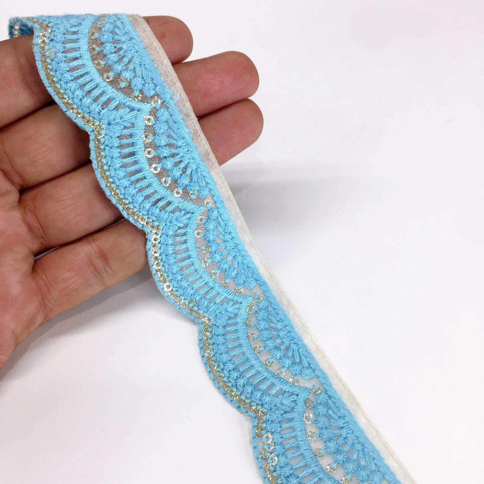 30mm Cutwork Design Embroidery Lace With Sequins Work, shown on white cotton