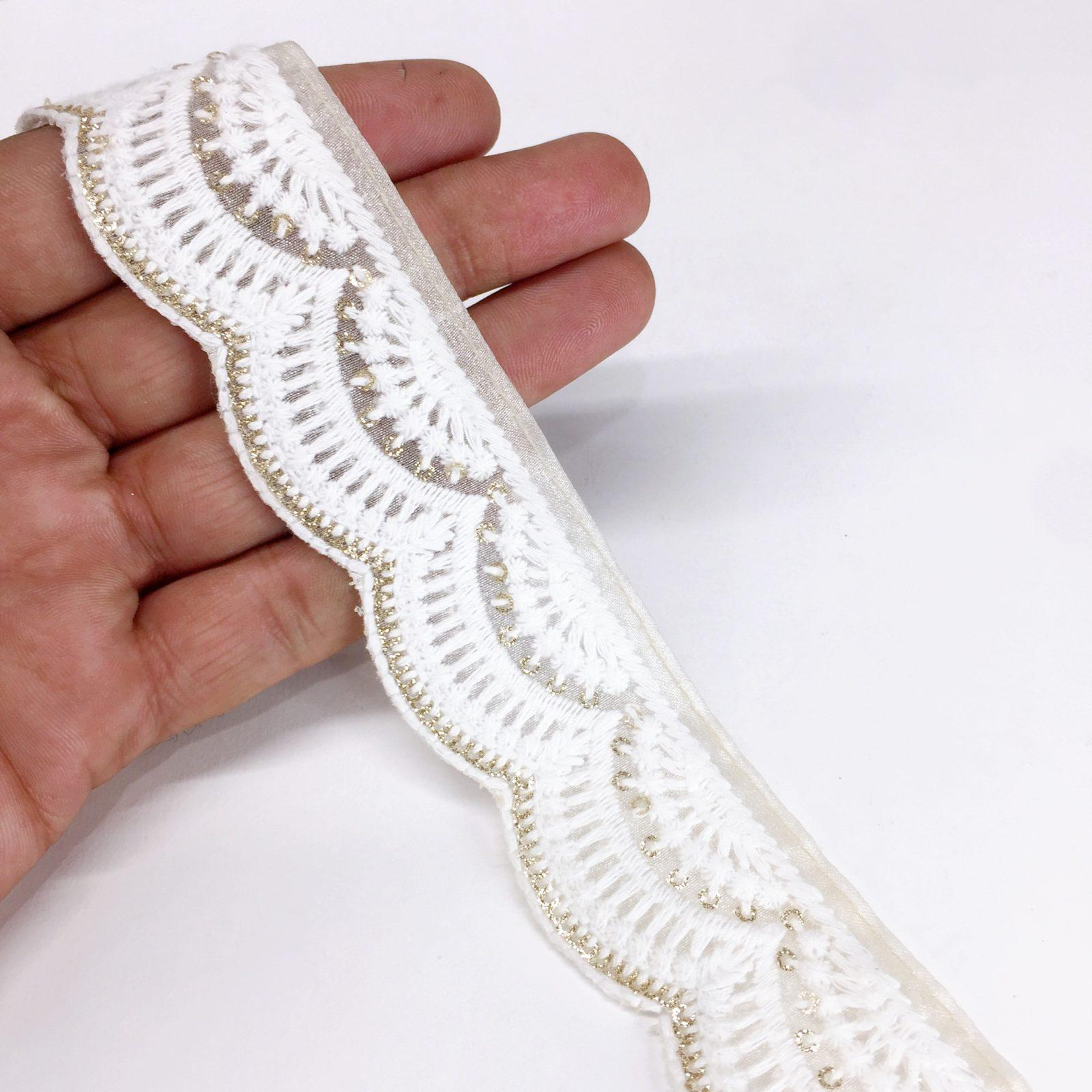 30mm Cutwork Design Embroidery Lace With Sequins Work, shown on white cotton