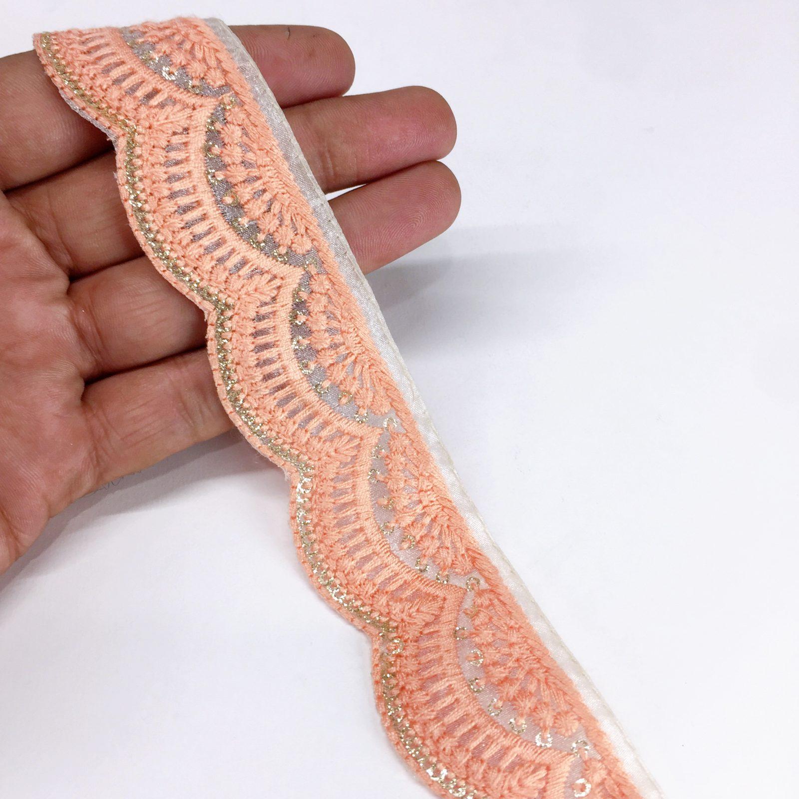 30mm Cutwork Design Embroidery Lace With Sequins Work, shown on white cotton