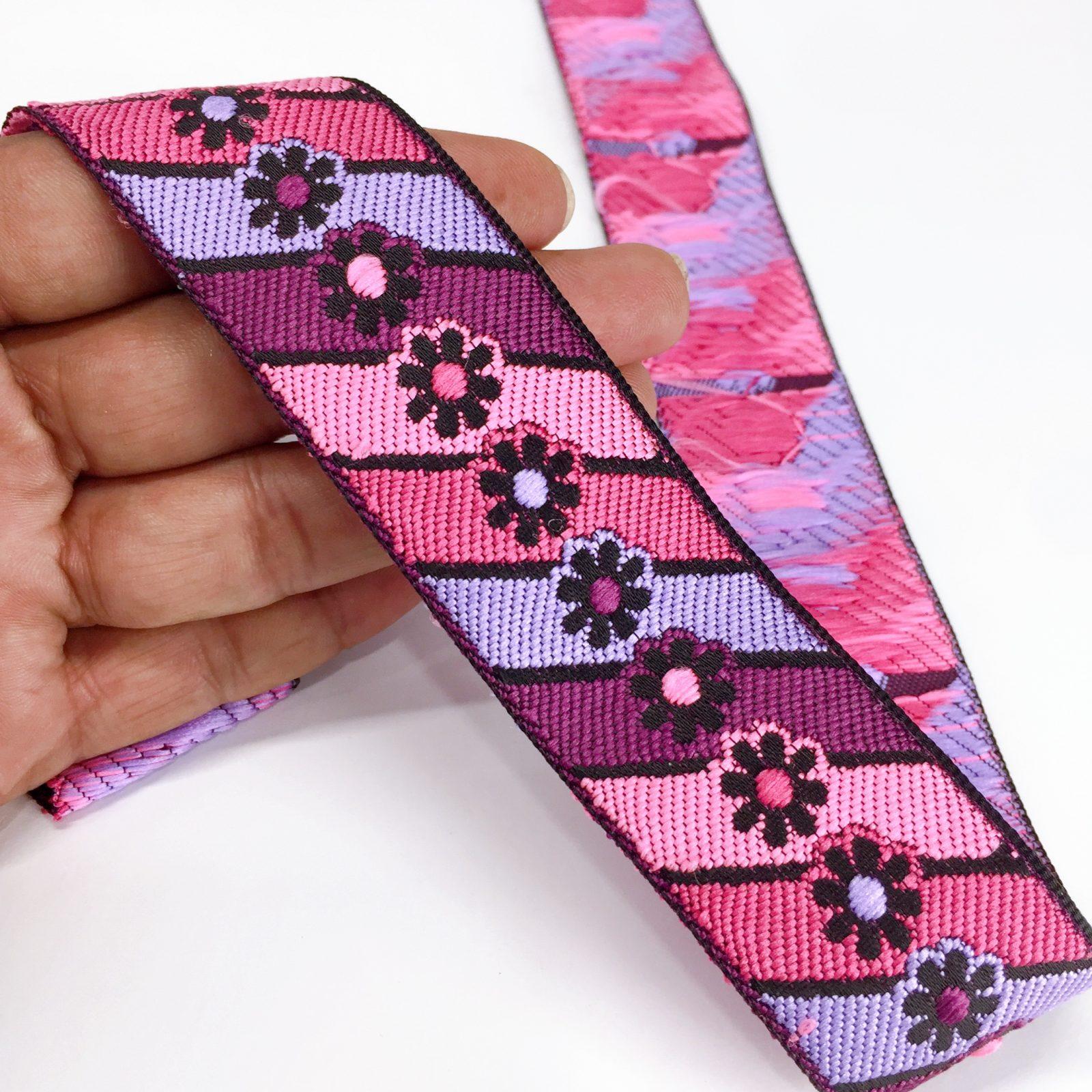 35mm Jacquard Woven New Flower Design Traditional, shown on white cotton