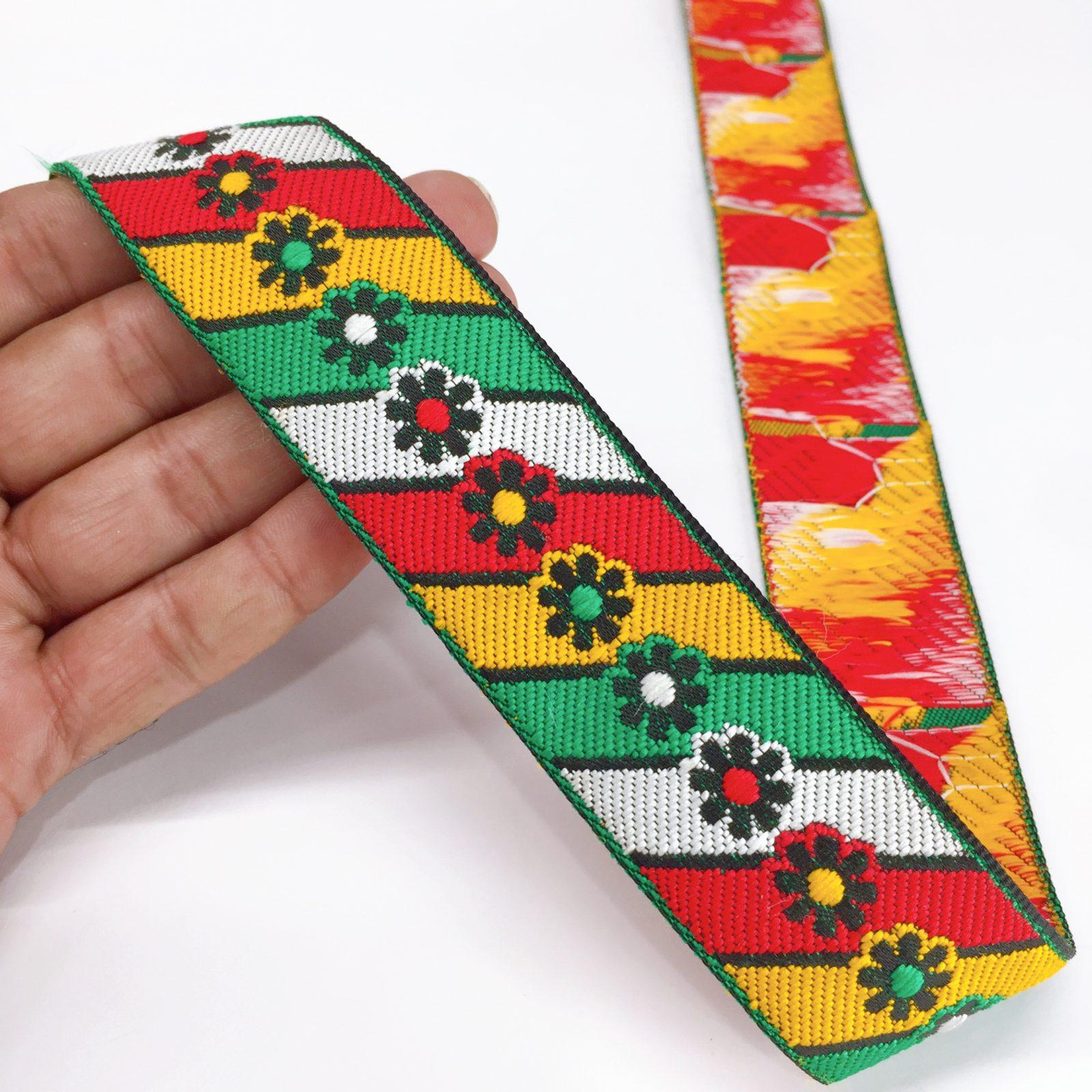 35mm Jacquard Woven New Flower Design Traditional, shown on white cotton