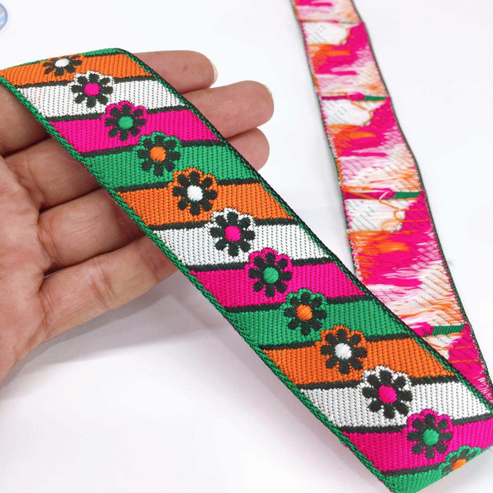 35mm Jacquard Woven New Flower Design Traditional, shown on white cotton