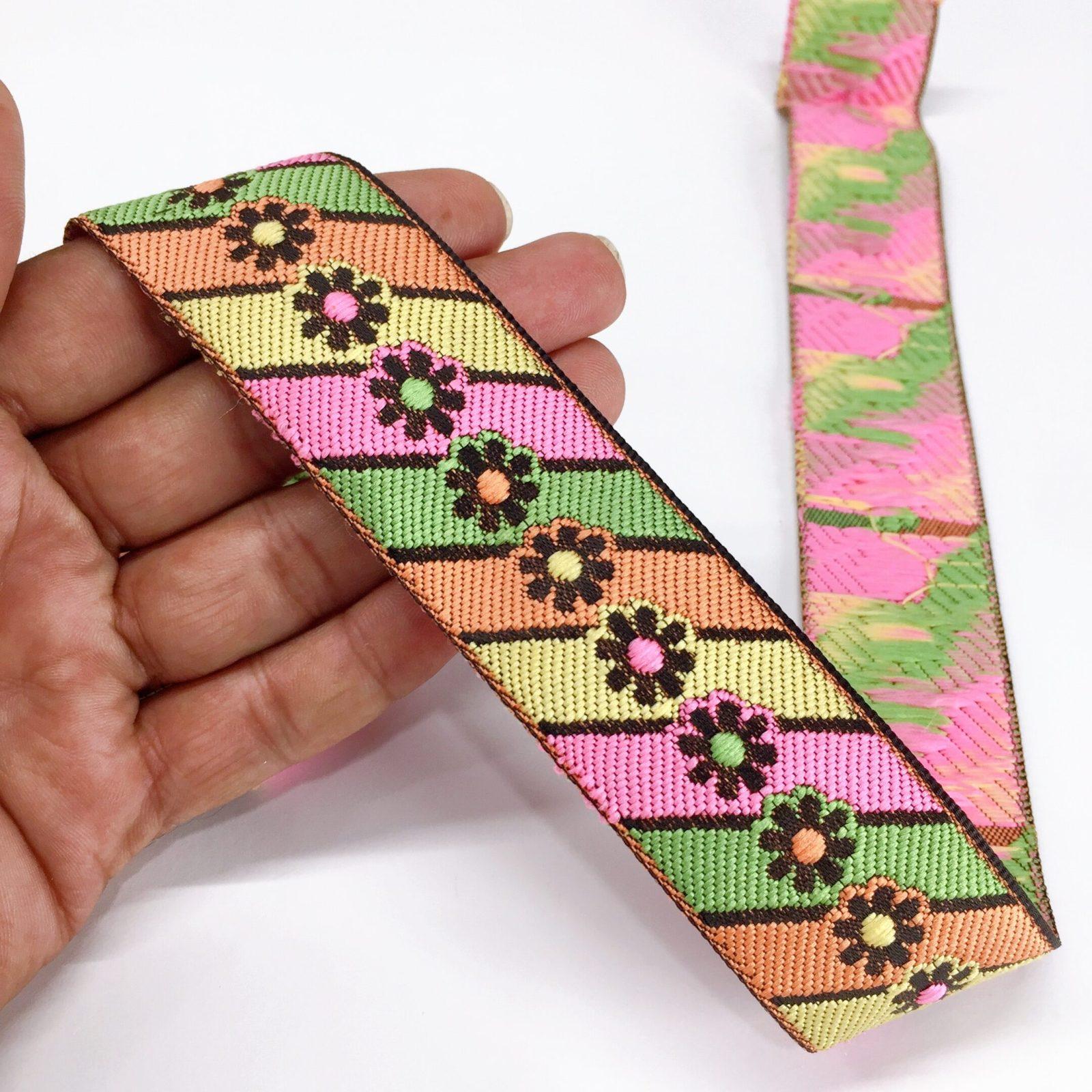 35mm Jacquard Woven New Flower Design Traditional, shown on white cotton