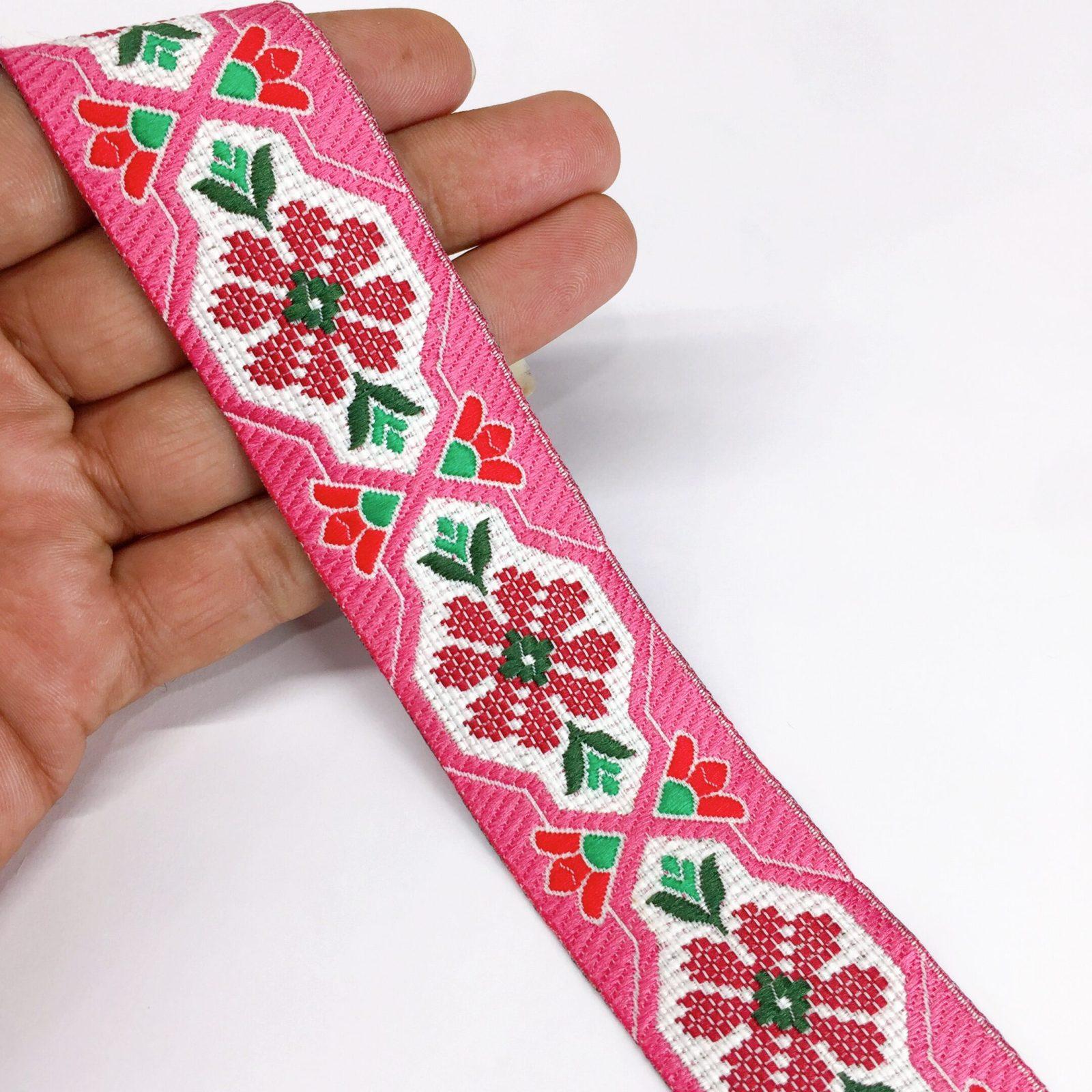 35mm Jacquard Woven Flower Design Traditional, shown on white cotton