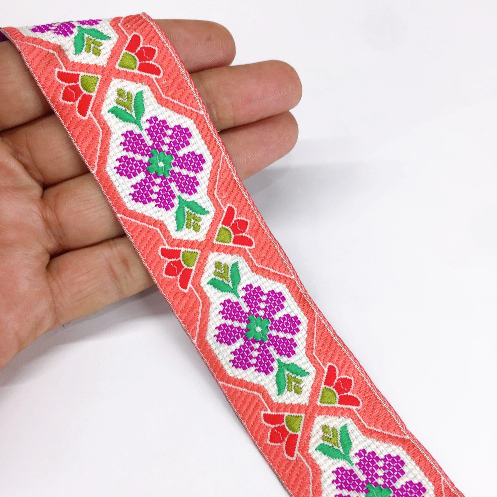 35mm Jacquard Woven Flower Design Traditional, shown on white cotton