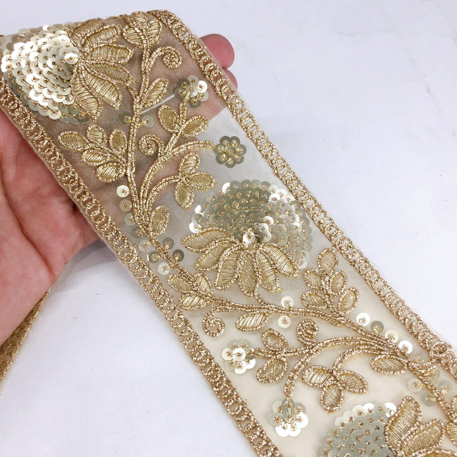 70mm Embroidery Flower Design Golden Dori Work and Sequins Work, shown on white cotton