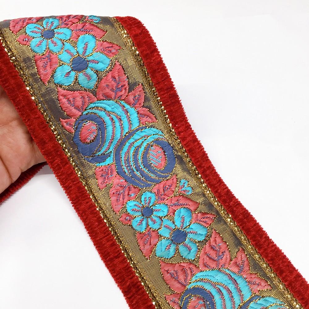80mm Sky Blue grey flower design with velvet and sequin, shown on white cotton