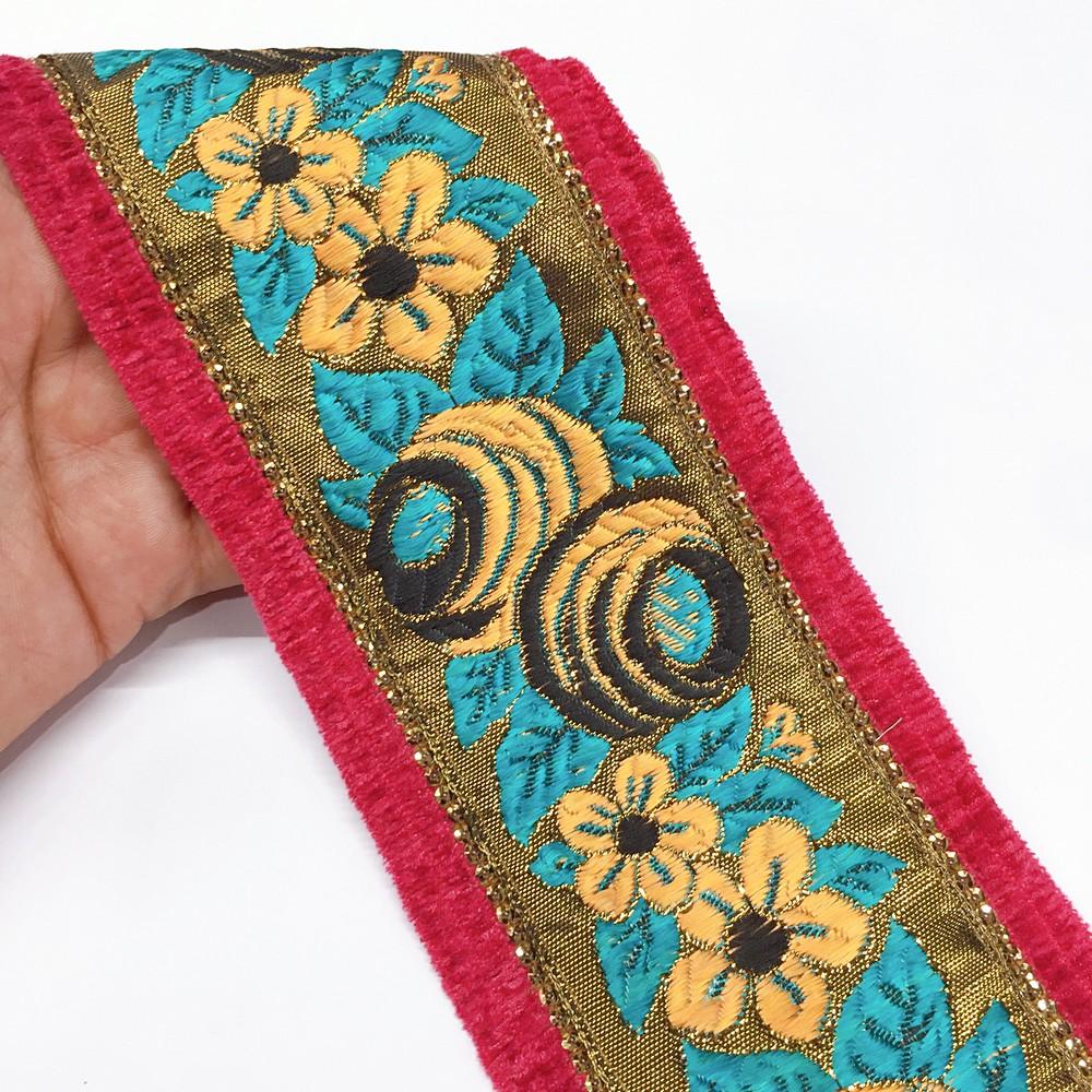 80mm Sky Blue grey flower design with velvet and sequin, shown on white cotton