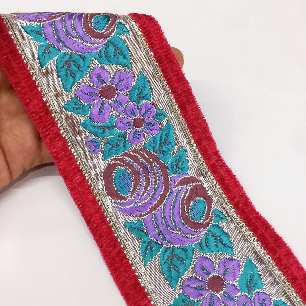 80mm Sky Blue grey flower design with velvet and sequin, shown on white cotton