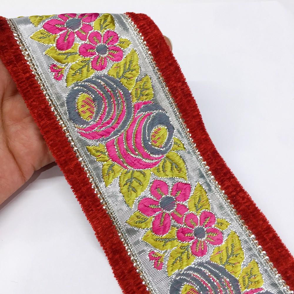 80mm Sky Blue grey flower design with velvet and sequin, shown on white cotton