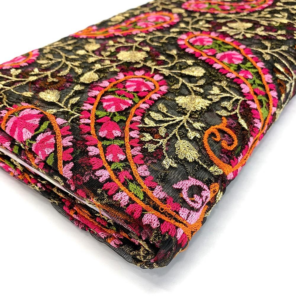 Embroidery Work on Net Fabric, shown on white cotton