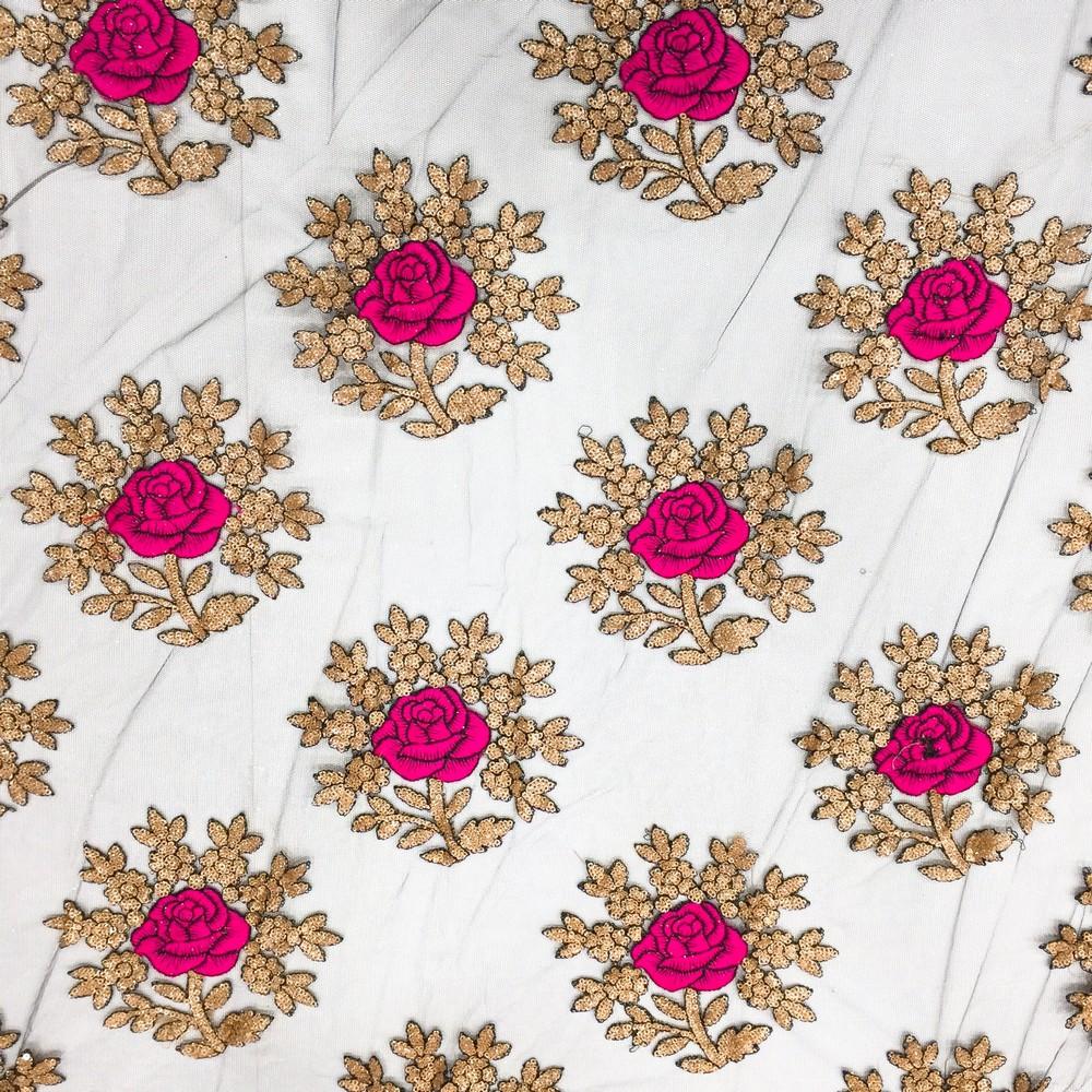 Embroidery Work on Net Fabric, shown on white cotton