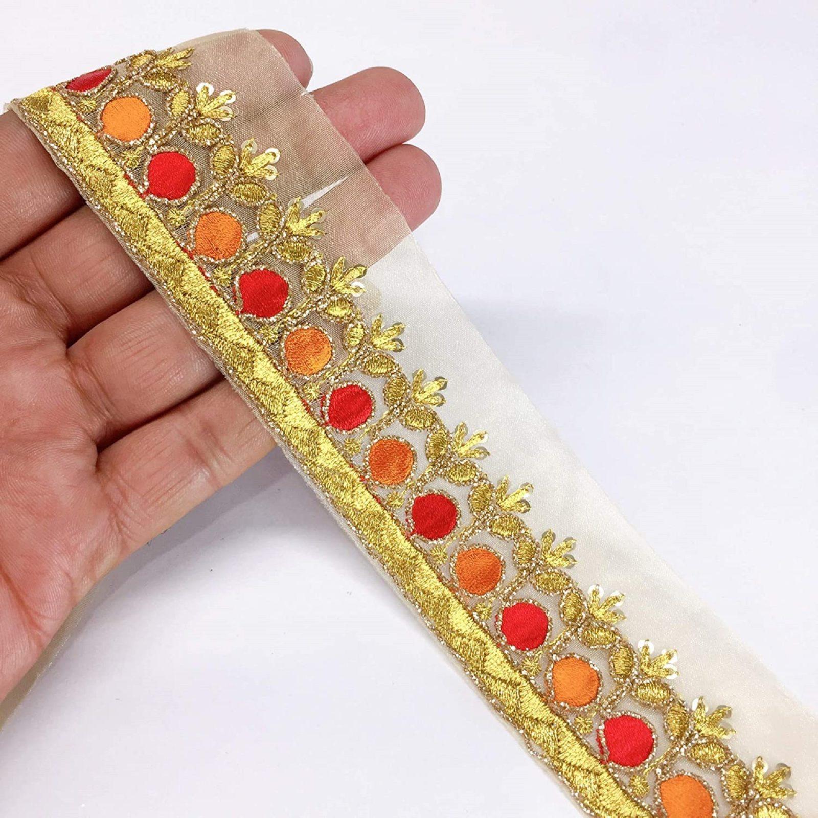 40mm Designer Embroidery Work, Golden Dori Work and Sequins Work, shown on white cotton