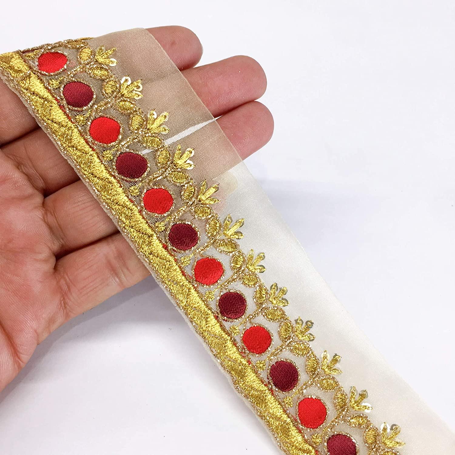 40mm Designer Embroidery Work, Golden Dori Work and Sequins Work, shown on white cotton