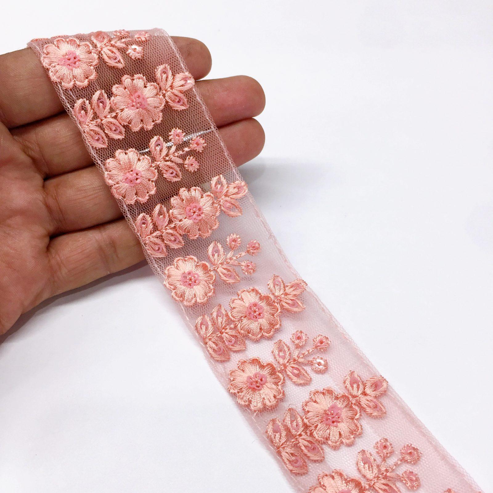 40mm Flower Design Embroidery lace with Flower Matching Sequins Work Border, shown on white cotton