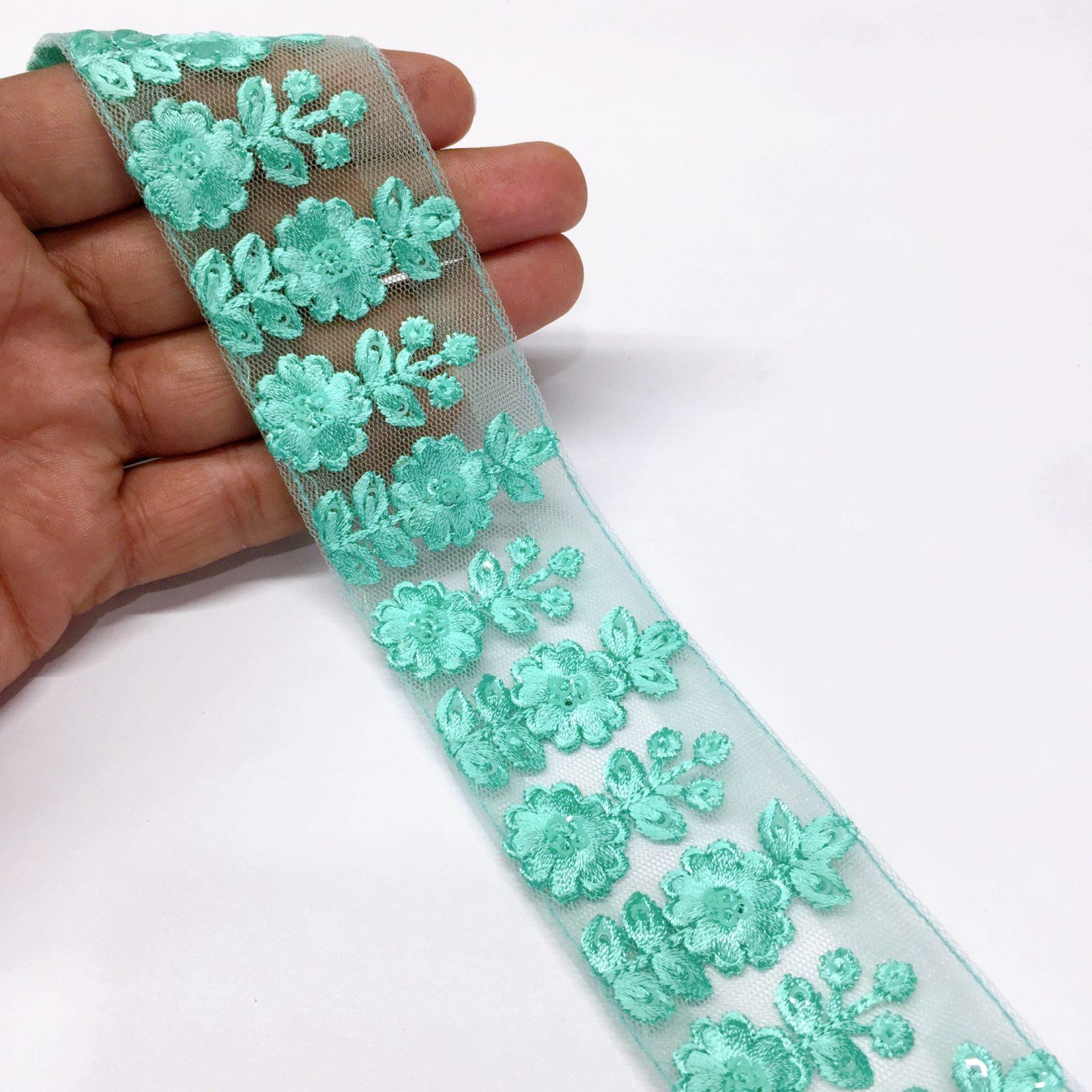 40mm Flower Design Embroidery lace with Flower Matching Sequins Work Border, shown on white cotton