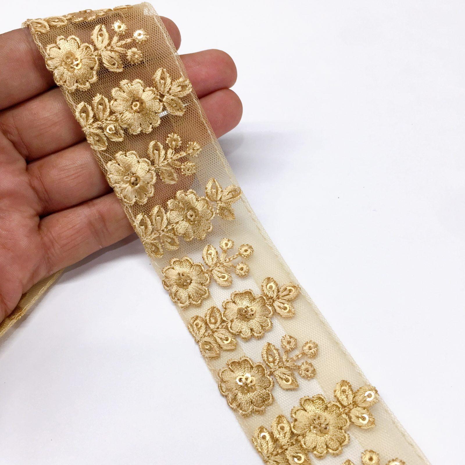 40mm Flower Design Embroidery lace with Flower Matching Sequins Work Border, shown on white cotton