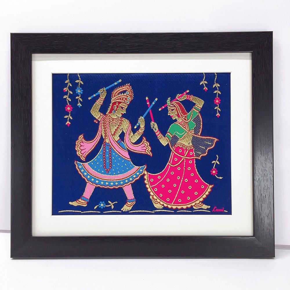 Lami Woven Radha Krishna Art Frame, shown on white cotton