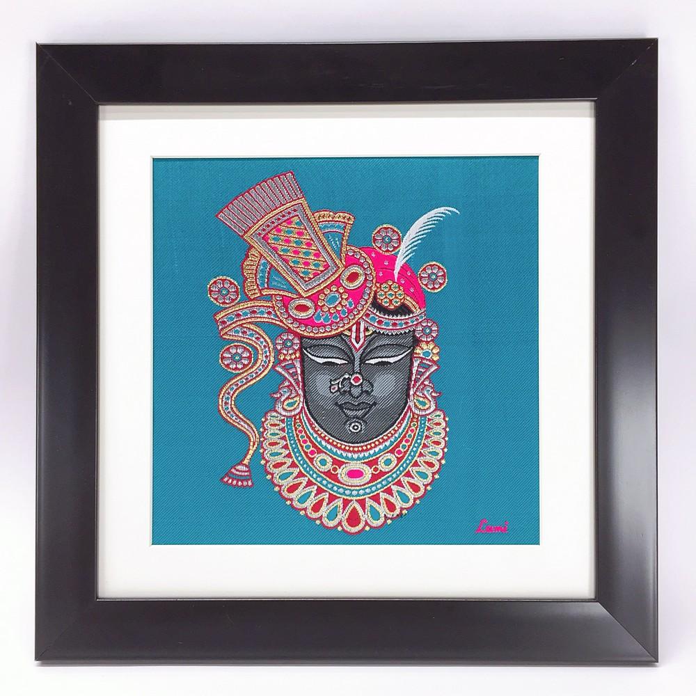 Lami Woven Shrinathji Art Frames, shown on white cotton