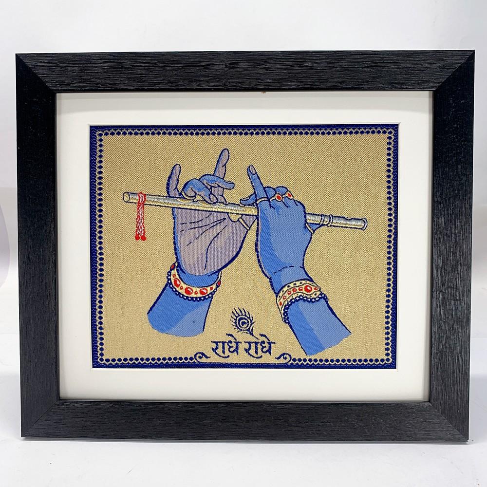 Lami Woven Krishna Hand With Radhe Radhe Art Frame, shown on white cotton