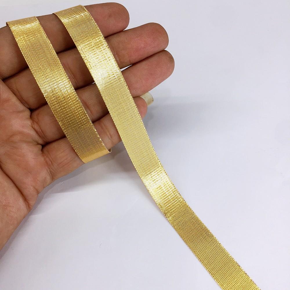 12 mm Metallic Shiny Plain Gota Ribbon, shown on white cotton