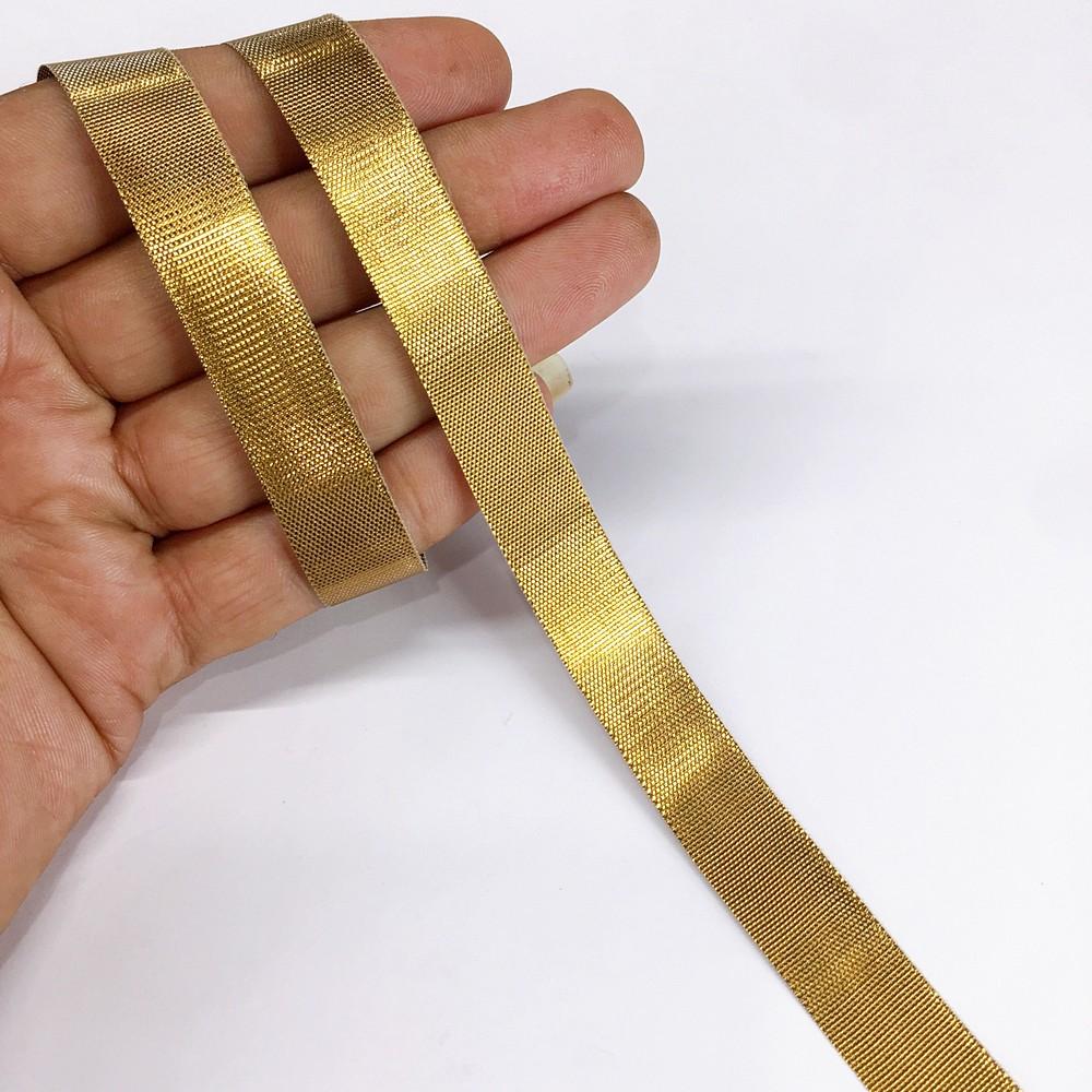 12 mm Metallic Shiny Plain Gota Ribbon, shown on white cotton
