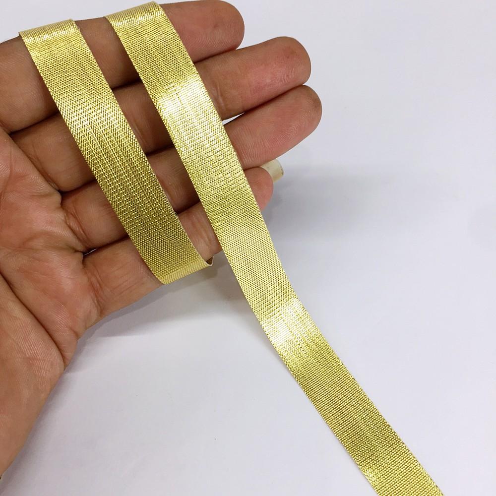 12 mm Metallic Shiny Plain Gota Ribbon, shown on white cotton