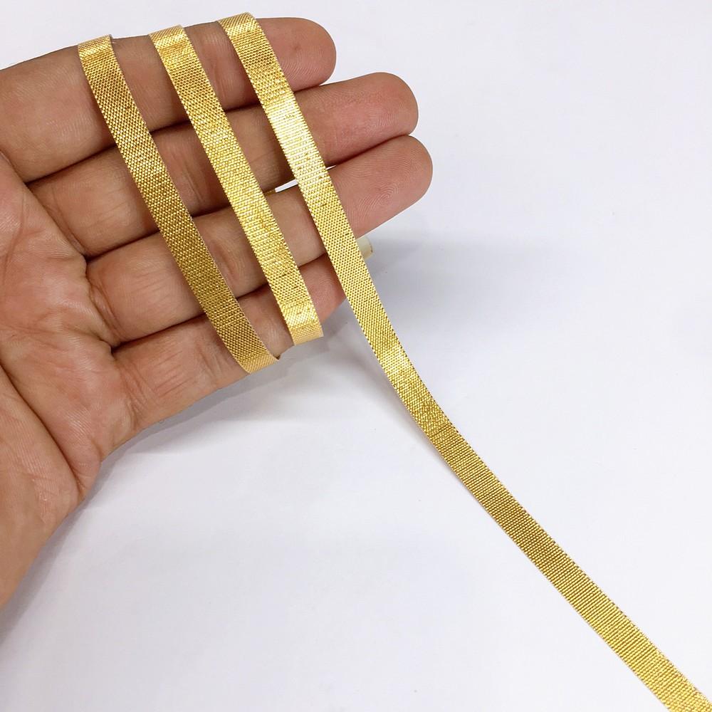 7 mm Metallic Shiny Plain Gota Ribbon, shown on white cotton