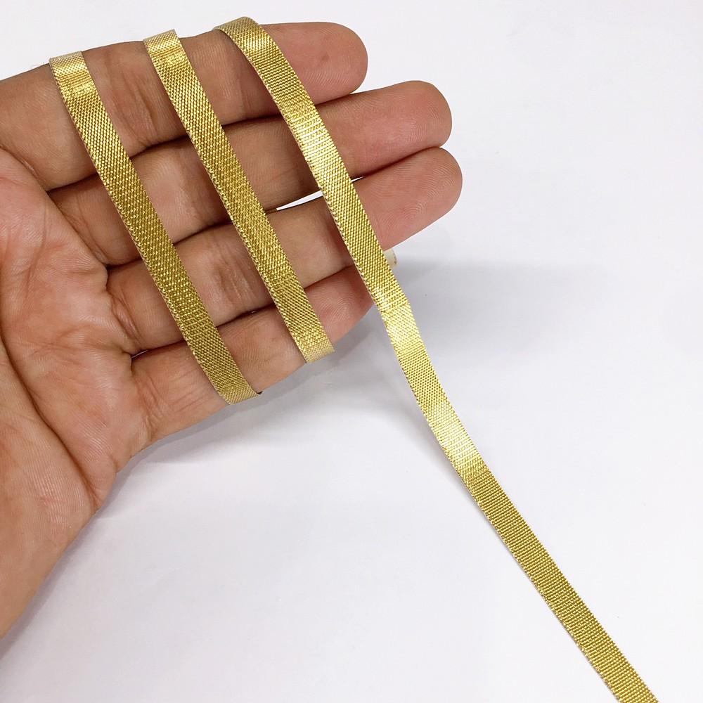 7 mm Metallic Shiny Plain Gota Ribbon, shown on white cotton