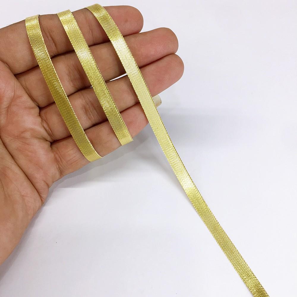 7 mm Metallic Shiny Plain Gota Ribbon, shown on white cotton