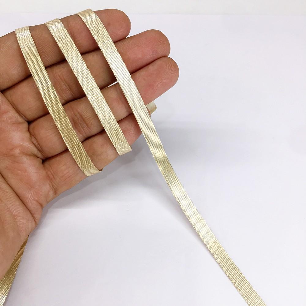 7 mm Metallic Shiny Plain Gota Ribbon, shown on white cotton
