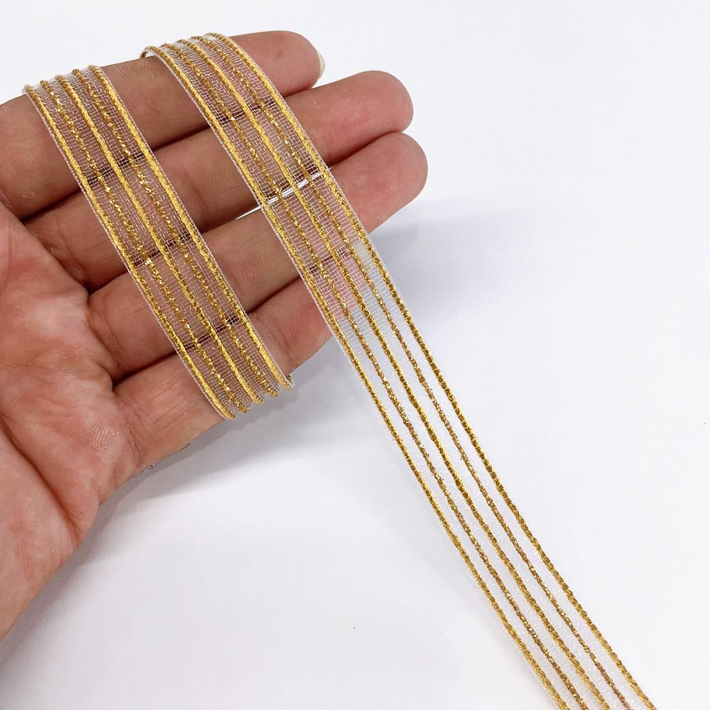 17 mm Sheer Ribbon with 5 line Glitter Shiny Metallic Thread, shown on white cotton